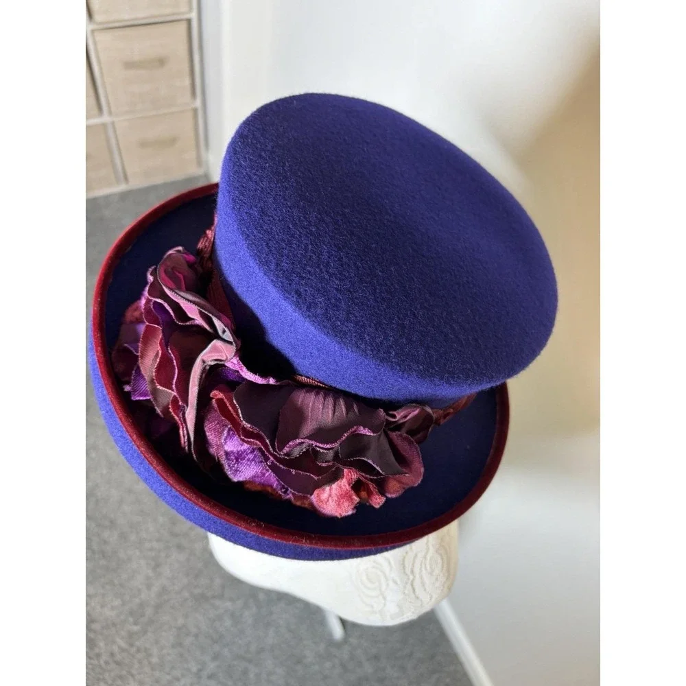 Vtg 80's Eric Javits NY Purple Wool Mad Hatter Hat~Womens~ Burgundy Flowers USA - Picture 14 of 14